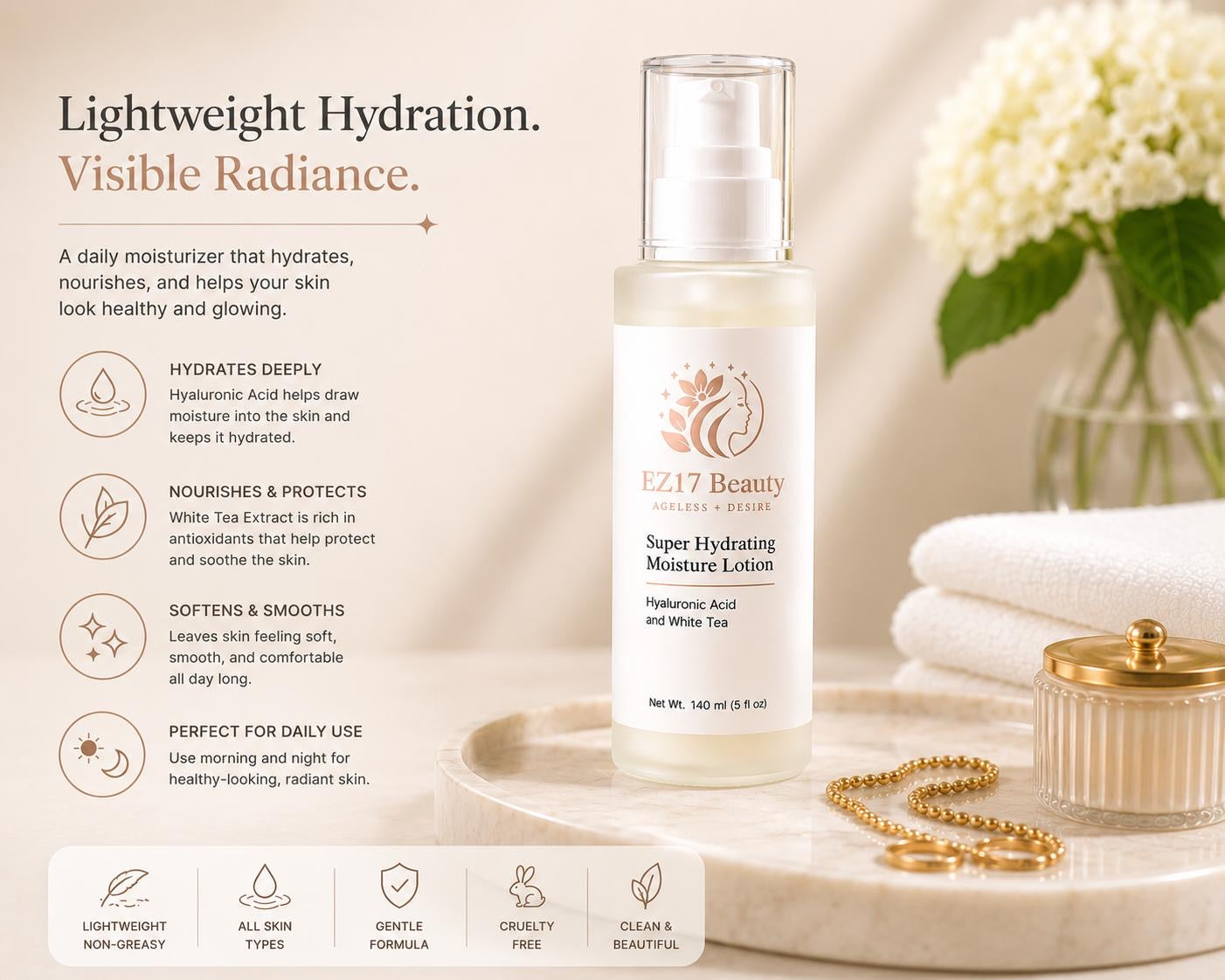 EZ17 Beauty Super Hydrating Moisture Lotion | Hyaluronic Acid & White Tea | Daily Face Moisturizer (140 ml / 5 fl oz)