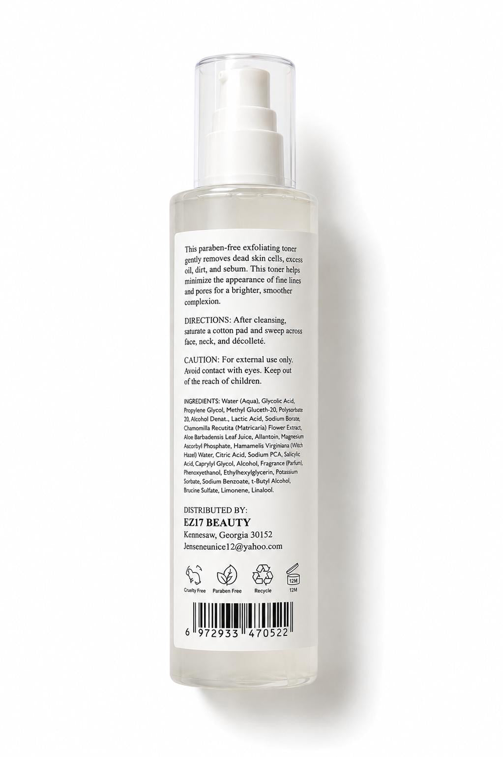 EZ17 Beauty Glycolic Exfoliating Toner | Smooth, Brighten & Refresh Skin (140 ml / 5 fl oz)