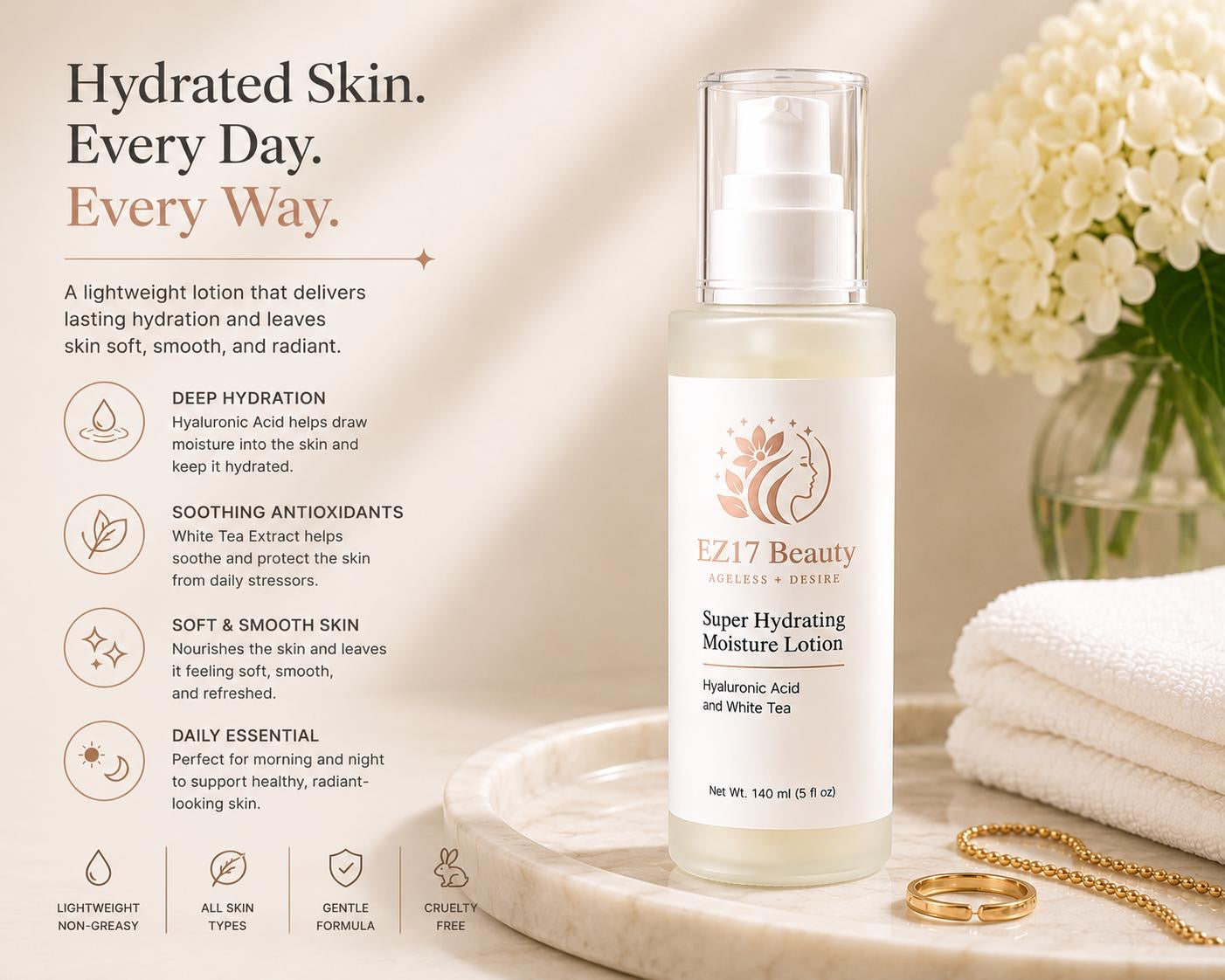 EZ17 Beauty Super Hydrating Moisture Lotion | Hyaluronic Acid & White Tea | Daily Face Moisturizer (140 ml / 5 fl oz)