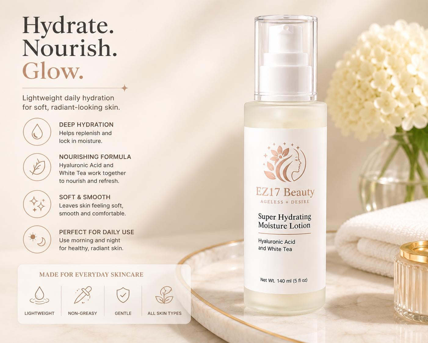 EZ17 Beauty Super Hydrating Moisture Lotion | Hyaluronic Acid & White Tea | Daily Face Moisturizer (140 ml / 5 fl oz)
